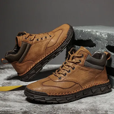 Men's Outdoor High Top Martin Boots Microfiber Leather Plush Warm Non Slip Casual Work Boots Large Size Autumn Winter Shoes