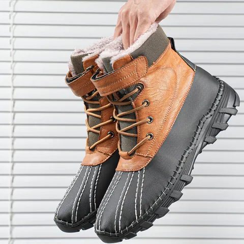 Herren Outdoor Wasserdichte Schneestiefel High Top Leder Entenstiefel Mit Rutschfester Gummisohle Fleece Gefütterte Winterschuhe
