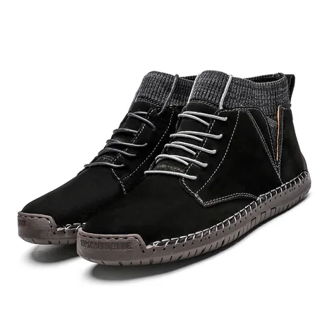 Men's High-Top Casual Outdoor Shoes Suede Rubber Sole Lace-Up Boots With Knit Collar Warm Fleece Lined Sneakers 7009