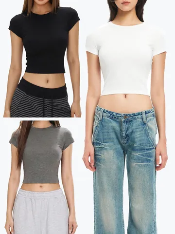 Γυναικείο T-Shirt από Μείγμα Μοντάλ Βαμβάκι Casual Στενή Γραμμή Κοντό Μανίκι Crop Top Στρογγυλή Λαιμόκοψη Μονόχρωμο Καλοκαιρινό Τοπ για Γυναίκες