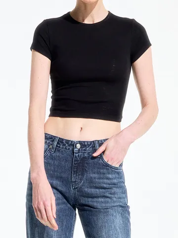 Γυναικείο T-Shirt από Μείγμα Μοντάλ Βαμβάκι Casual Στενή Γραμμή Κοντό Μανίκι Crop Top Στρογγυλή Λαιμόκοψη Μονόχρωμο Καλοκαιρινό Τοπ για Γυναίκες