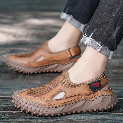 Heren Casual Gesloten Sandalen Zomer Leer Mesh Ademend Handgenaaid Plateau Sandalen Antislip Outdoor Wandelschoenen