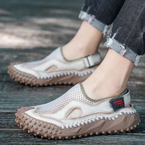 Heren Casual Gesloten Sandalen Zomer Leer Mesh Ademend Handgenaaid Plateau Sandalen Antislip Outdoor Wandelschoenen