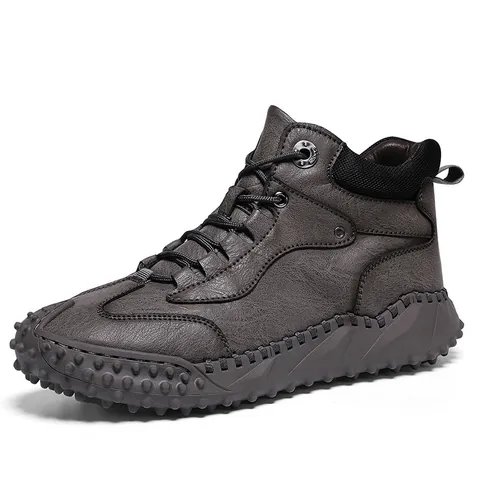 Men Outdoor Casual High-top Boots Microfiber Leather Fleece Lined Anti-slip Studded Sole Hiking Shoes Hand-stitched Winter Short Boots
