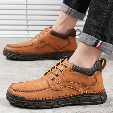 Men's Martin Boots Casual Short Boots Hand-stitched Microfiber Leather Shoes Autumn Anti-slip Rubber Sole Work Boots For Men