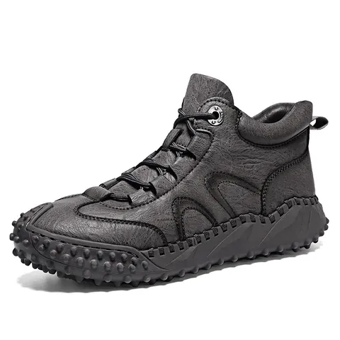 Men's Outdoor High Top Casual Boots Microfiber Leather Handmade Stitched Anti Slip Hiking Short Boots Warm Winter Shoes