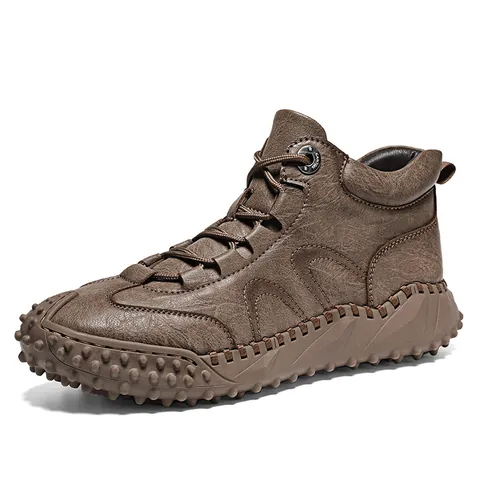 Men's Outdoor High Top Casual Boots Microfiber Leather Handmade Stitched Anti Slip Hiking Short Boots Warm Winter Shoes