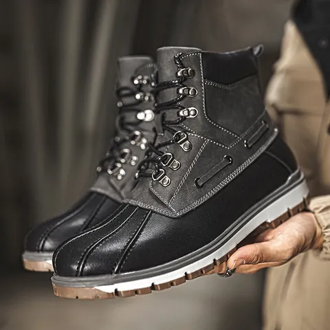 Men High Top Work Boots Winter Snow Boots Fleece Lined Warm Outdoor Fashion Non Slip Rubber Sole Microfiber Leather Martin Boots