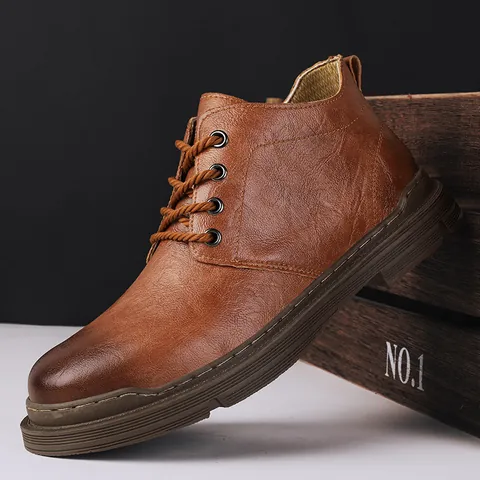 Men Retro Cowhide Leather Work Boots British Style Mid-cut Lace-up Martin Boots Casual Thick Sole Outdoor Non-slip Biker Boots