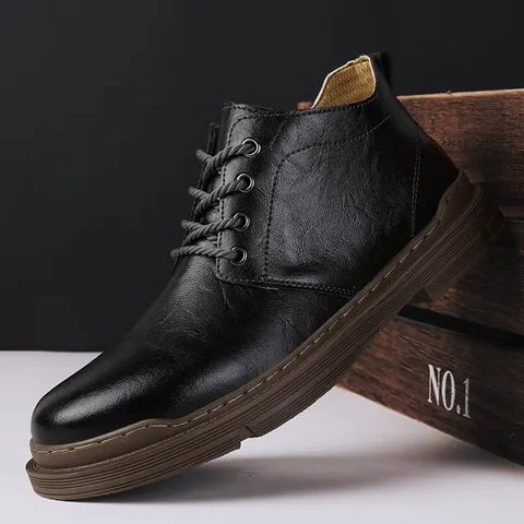 Men Retro Cowhide Leather Work Boots British Style Mid-cut Lace-up Martin Boots Casual Thick Sole Outdoor Non-slip Biker Boots