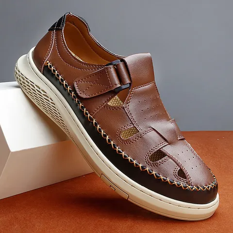 Sandali Casual da Uomo a Punta Chiusa Traspiranti Traforati in Pelle Microfibra Scarpe da Spiaggia Antiscivolo Sandali da Passeggio all'Aperto