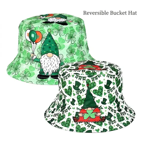Women Reversible Bucket Hat St. Patrick's Day Shamrock Gnome Print Sun Protection Cotton Polyester Outdoor Festive Hat
