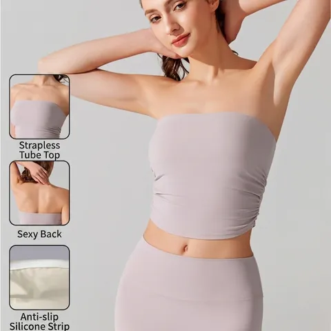 Women's Strapless Ruched Tube Top Slim Fit Naked Sense Sports Bra Sleeveless Fitness Tank Top Yoga Vest Top