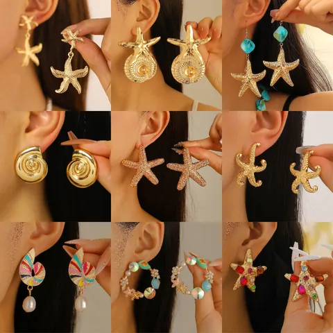 Bohemian Alloy Starfish Seashell Drop Earrings For Women Summer Beach Vacation Gold Silver Ocean Theme Jewelry Gift