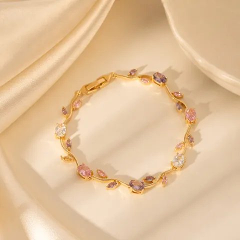 Vintage Vergoldetes Kupfer Rebe Blatt Armband Mit Bunten Zirkonia Stein Blumen Armreif Für Damen Hochzeit Party Eleganter Schmuck