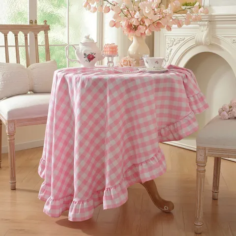 Round Gingham Tablecloth Polyester Cotton Plaid Dining Table Cloth With Ruffle Trim Edge For Home Party Decor INS Style