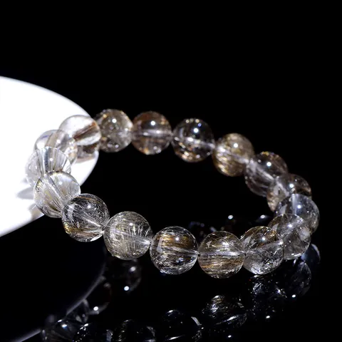 Natural Silver Rutilated Quartz Bracelet Grade 5A Polished Round Bead Crystal Healing Stone Jewelry For Men Women Unisex Gift