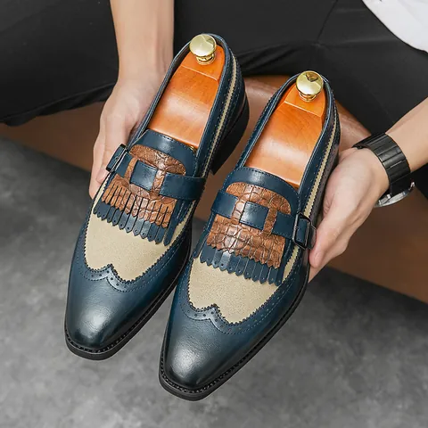 Uomo Mocassini Brogue in Stile Britannico Con Nappine Punta Sottile Patchwork Pelle PU Scarpe Formali per Matrimonio Uomo