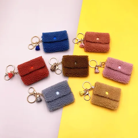 Cute Plush Mini Coin Purse Keychain For Women Girls Soft Sherpa Fleece Wallet Key Ring Pendant With Tassel Small Bag Accessory