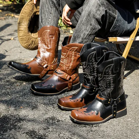 Vintage Mid-calf Western Cowboy Boots For Men Embroidered Pointed Toe Knight Boots With Harness Buckle Retro Biker Leather Boots