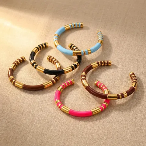Retro Bamboo Joint C-Shaped Open Bracelet For Women Stainless Steel Enamel Striped Bangle Fashion Personalized Jewelry Gift