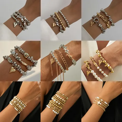 Collezione di Bracciali a Strati con Perline per Donna Ciondolo a Cuore e Croce Oro Argento Galvanizzato CCB Lega Künstliche Perle di Imitazione