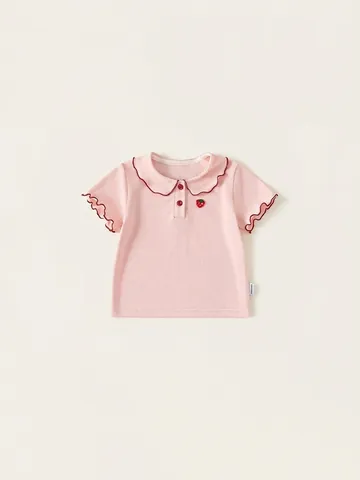 Girls Sweet Cotton T-Shirt Peter Pan Collar Strawberry Embroidery Off-White Short Sleeve Cute Summer Kids Clothing Tops
