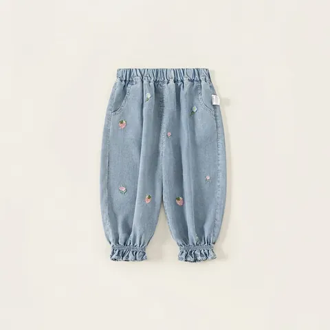 Girls Denim Pants Summer Thin Lyocell Fiber Children's Casual Pants Floral Embroidery Elastic Waist Kids Pants