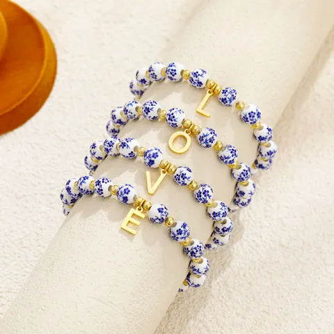 Blue And White Porcelain Beaded Bracelet With Stainless Steel Heart Alphabet Charms Retro Chinese Style Jewelry For Women