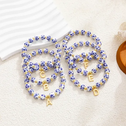 Blue And White Porcelain Beaded Bracelet With Stainless Steel Heart Alphabet Charms Retro Chinese Style Jewelry For Women