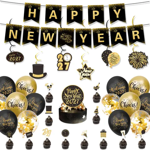 Happy New Year 2026 Decoration Black Gold Banner Latex Balloons Cake Toppers Hanging Swirls For School Home Celebration