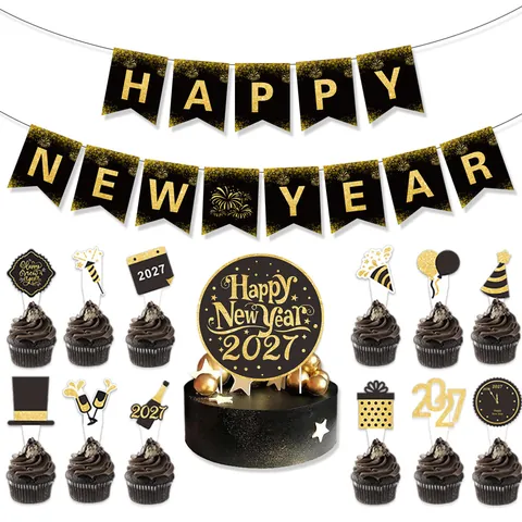 Happy New Year 2026 Decoration Black Gold Banner Latex Balloons Cake Toppers Hanging Swirls For School Home Celebration
