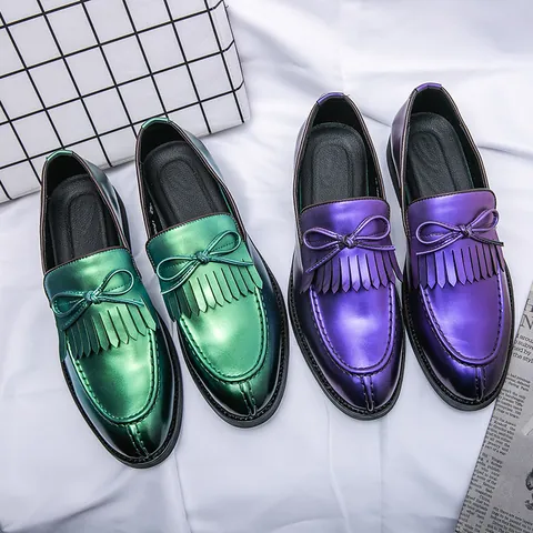 Men's Business Formal Leather Loafers Retro Tassel Bow Tie Slip-on Shoes Metal Glossy Pointed Toe Office Casual Dress Shoes