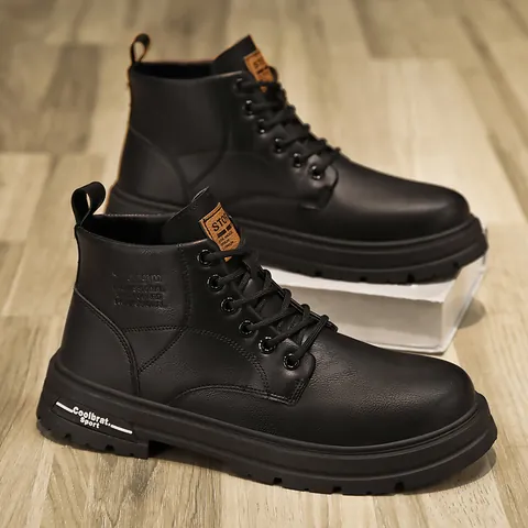 Men Martin Boots Microfiber Leather Mid-Top Workwear Thick Sole Outdoor Retro Casual Lace Up Boots For Men Work Fashion