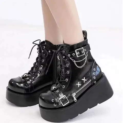 Women Gothic Punk Platform Martin Boots PU Leather Lace Up Buckle Strap Chain Decor Round Toe High Heel Short Ankle Boots