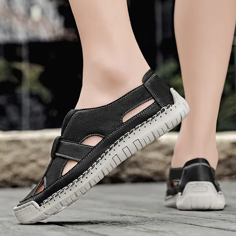 Men Women Hand-stitched Hollow Out Casual Sandals Microfiber Breathable Beach Shoes Slip-on Non-slip Rubber Sole Outdoor Leisure Footwear