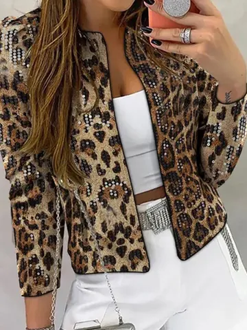 Blazer de Lentejuelas con Estampado de Leopardo para Mujer Chaqueta Ajustada de Manga Larga con Hombreras Ropa Elegante para Fiesta Top Abierto