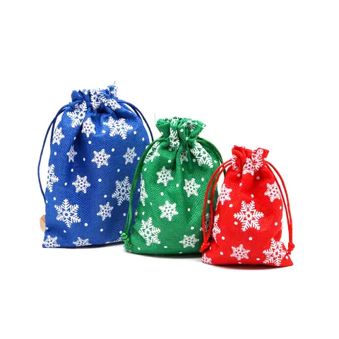 Christmas Snowflake Imitation Burlap Gift Bags Drawstring Candy Storage Bags Red Blue Green Rustic Linen Pouch For Jewelry Favor Packaging
