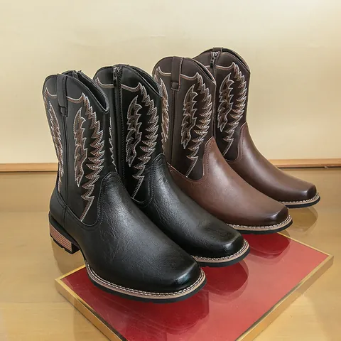Herren Vintage Martin Boots Echtes Leder Bestickt Geschnitzt Palaststil Rutschfest Western Cowboy Motorrad Arbeitsschuhe