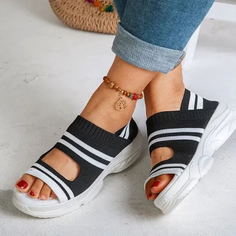 Γυναικεία αθλητικά σανδάλια πλατφόρμας Fly-knit ριγέ με ανοιχτά δάχτυλα Παπούτσια παραλίας που αναπνέουν Casual σανδάλια με χοντρή σόλα