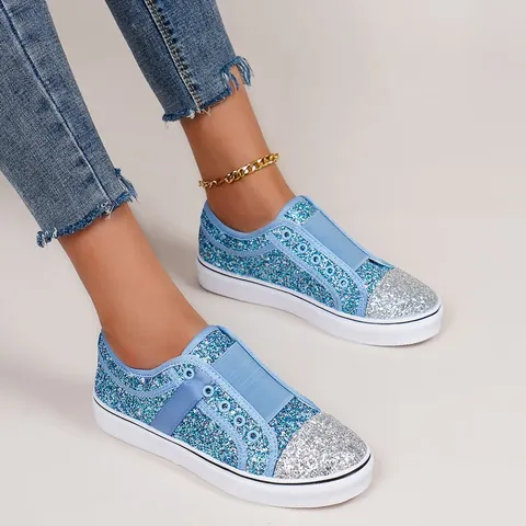 Women Sequin Canvas Shoes Casual Flat Low-top Color-blocking Sneakers Round Toe Elastic Band Slip-on Single Shoes Plus Size Fashion Loafers