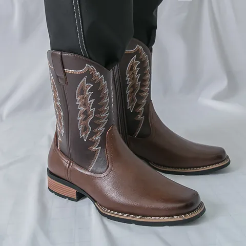 Herren Vintage Martin Boots Echtes Leder Bestickt Geschnitzt Palaststil Rutschfest Western Cowboy Motorrad Arbeitsschuhe