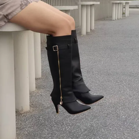 Women Black Pointed Toe Stiletto High Heel Over The Knee Boots Synthetic Leather Fashion Knight Boots With Side Zipper Belt Buckle
