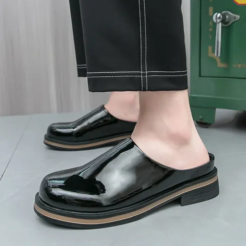Mules da Uomo Casual in Vernice Suola Spessa Punta Tonda Scarpe Slip-on Estate Tendenza Moda Coreana Outdoor Mules Versatili