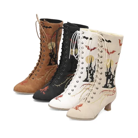 Damen Halloween Bestickte Hohe Stiefel Gothic Hexe Schnürstiefel Mittelhoher Absatz Mode Stiefel Vintage Schloss Fledermaus Stickerei Schuhe