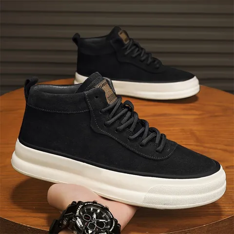 Men Mid Top Suede Platform Skateboard Shoes Street Outdoor Work Casual Thick Sole Sneakers Comfort Lace-up Walking Shoes