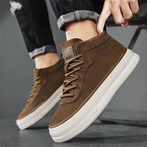 Men Mid Top Suede Platform Skateboard Shoes Street Outdoor Work Casual Thick Sole Sneakers Comfort Lace-up Walking Shoes
