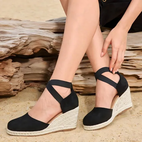Sandalias de Cuña Tejidas de Paja para Mujer Parte Superior de Piel Sintética Plataforma con Correas Tacones Altos Moda de Verano