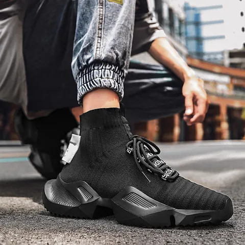 Herren High Top Socken Sneaker Atmungsaktives Flyknit Mesh Sportliche Dad Shoes Leichte Dicke Sohle Rutschfeste Outdoor Laufschuhe Casual Wanderschuhe