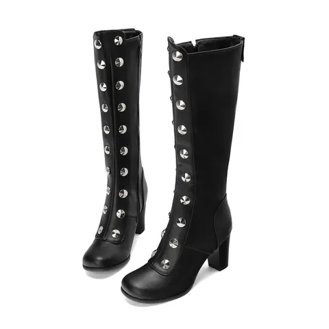 Women Retro Chunky Block Heel Knee High Knight Boots With Stud Embellishment Square Toe Side Zipper Fashion Tall Boots